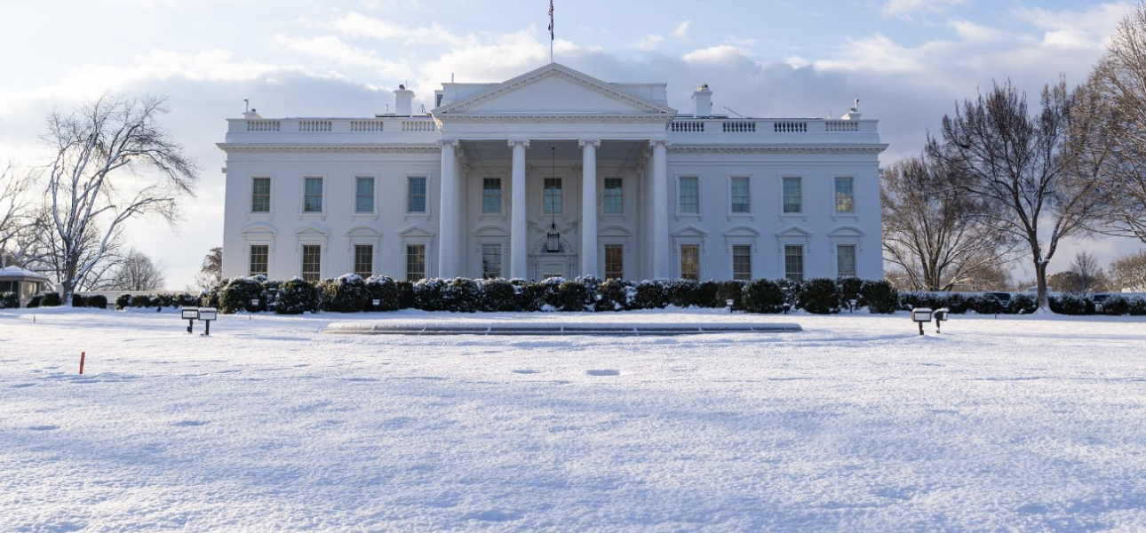The White House with the grounds covered in white snow